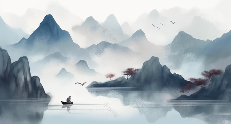 蓝色调极简风格中国风水墨画,插画/手绘图,插画/手绘图库,插画/手绘图下载,插画/手绘